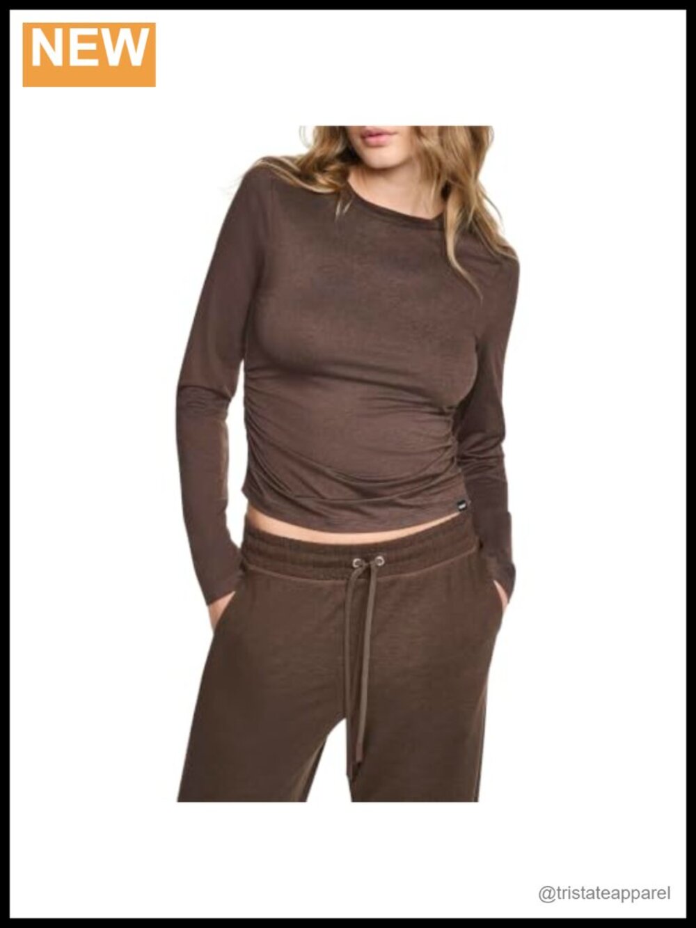 Long Sleeve Spacedye Ruching Top Woven Stretch Knit Athletic Fit